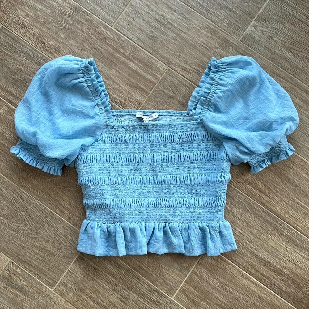 English Factory Baby Blue Ruffle Sleeve Off Shoulder Top